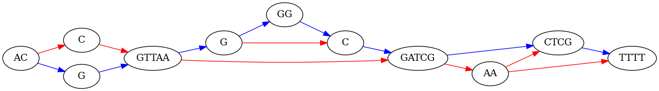 // Pangenome Representation
digraph PangenomeGraph {
    rankdir=LR; // Set graph direction to left-to-right

    // Define nodes with labels representing the genome structure
    AC [label="AC"];
    C1 [label="C"];
    G1 [label="G"];
    GTTAA [label="GTTAA"];
    G2 [label="G"];
    GG [label="GG"];
    C2 [label="C"];
    GATCG [label="GATCG"];
    CTCG [label="CTCG"];
    AA [label="AA"];
    TTTT [label="TTTT"];

    // Define edges showing relationships or paths between nodes
    AC -> G1 [color="blue"];
    AC -> C1 [color="red"];
    G1 -> GTTAA [color="blue"];
    C1 -> GTTAA [color="red"];
    GTTAA -> G2 [color="blue"];
    GTTAA -> GATCG [color="red"];
    G2 -> C2 [color="red"];
    G2 -> GG [color="blue"];
    GG -> C2 [color="blue"];
    C2 -> GATCG [color="blue"];
    GATCG -> CTCG [color="blue"];
    GATCG -> AA [color="red"];
    AA -> CTCG [color="red"];
    CTCG -> TTTT [color="blue"];
    AA -> TTTT [color="red"];
}